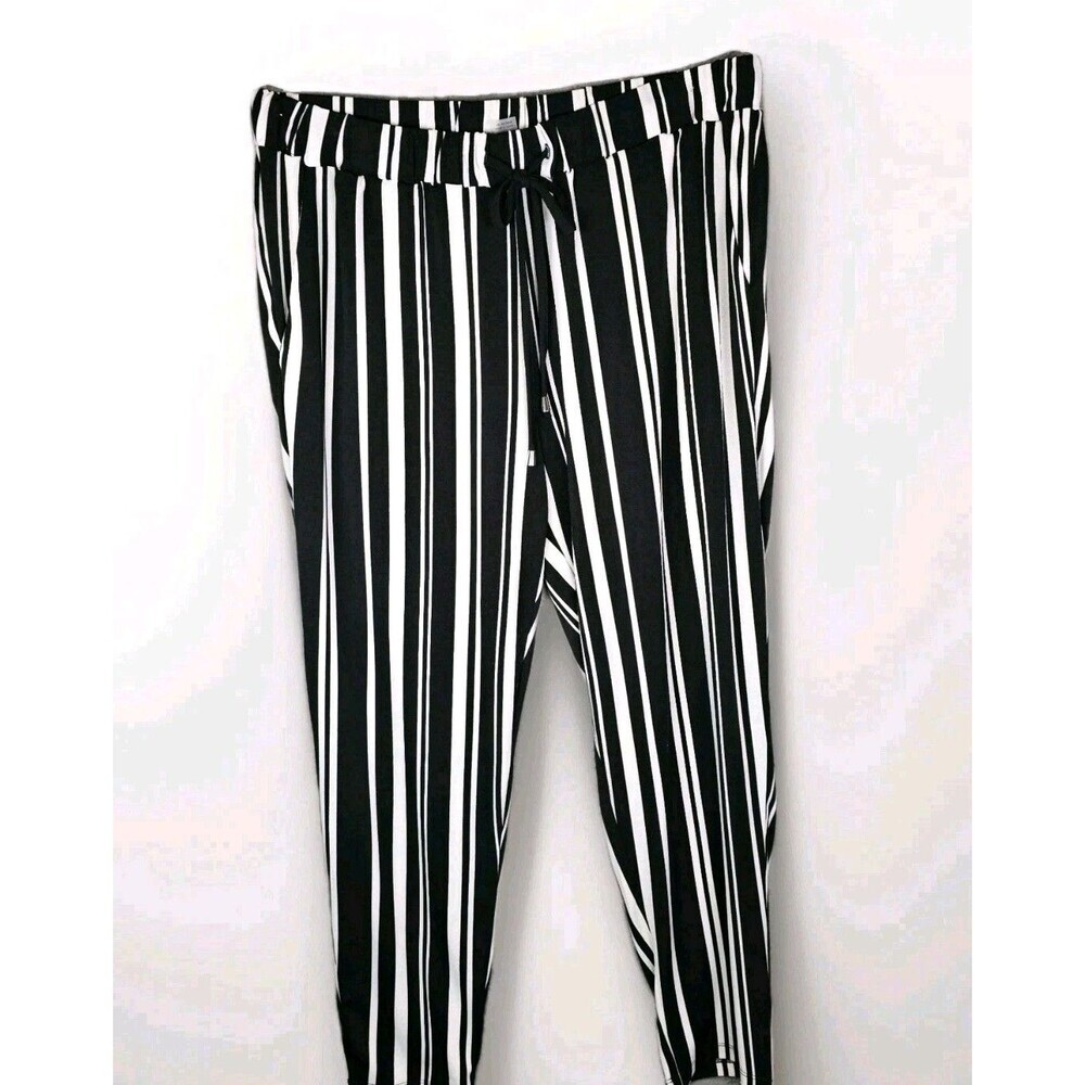 Renuar Womens Pants L  Black White Striped Pull On Ankle Stretch Slim Fit Trendy